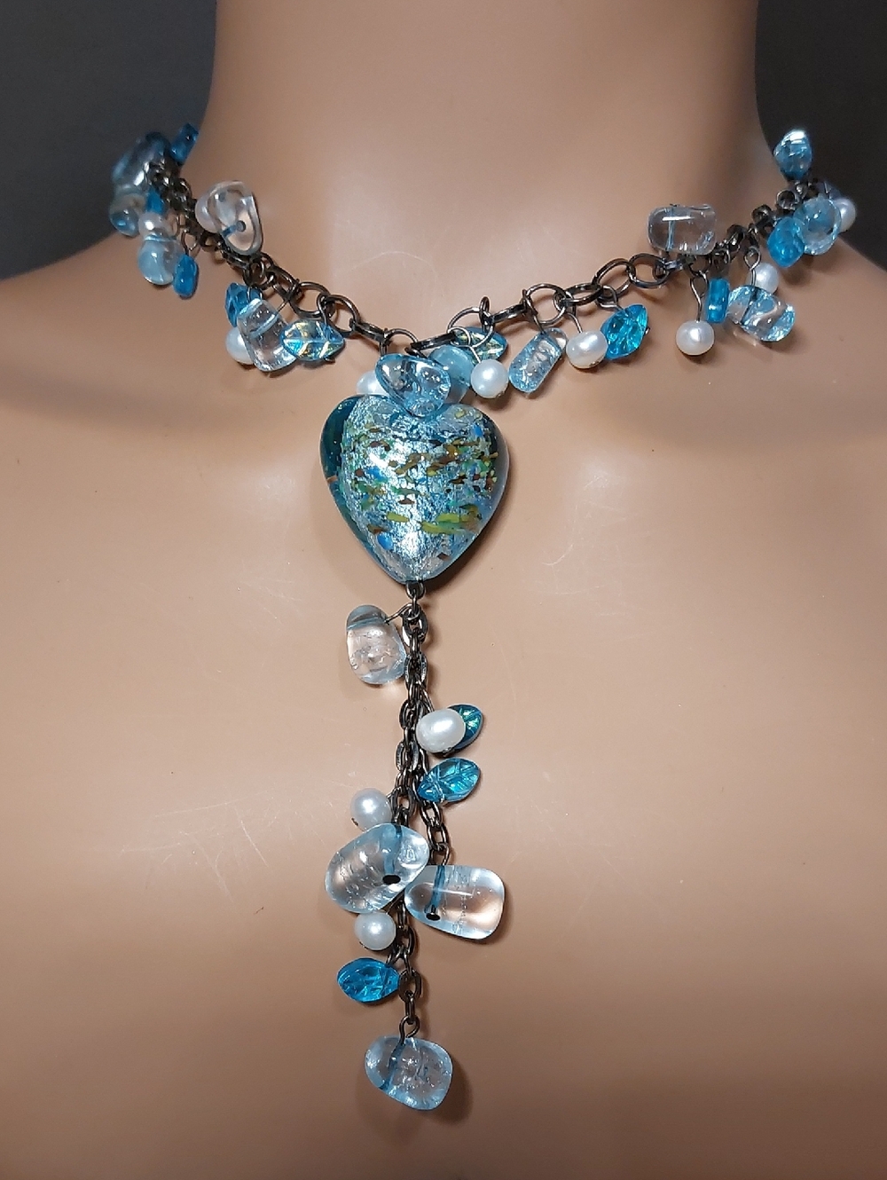 Blue Glass Bead 28" Necklace Heart Tassel Genuine Freshwater Pearl